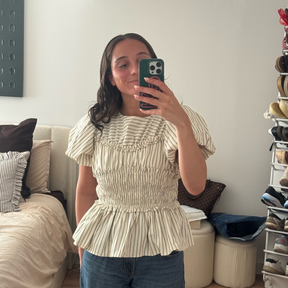 Anthropologie Cream Blouse with Gray Pinstripes - Picture 4 of 4